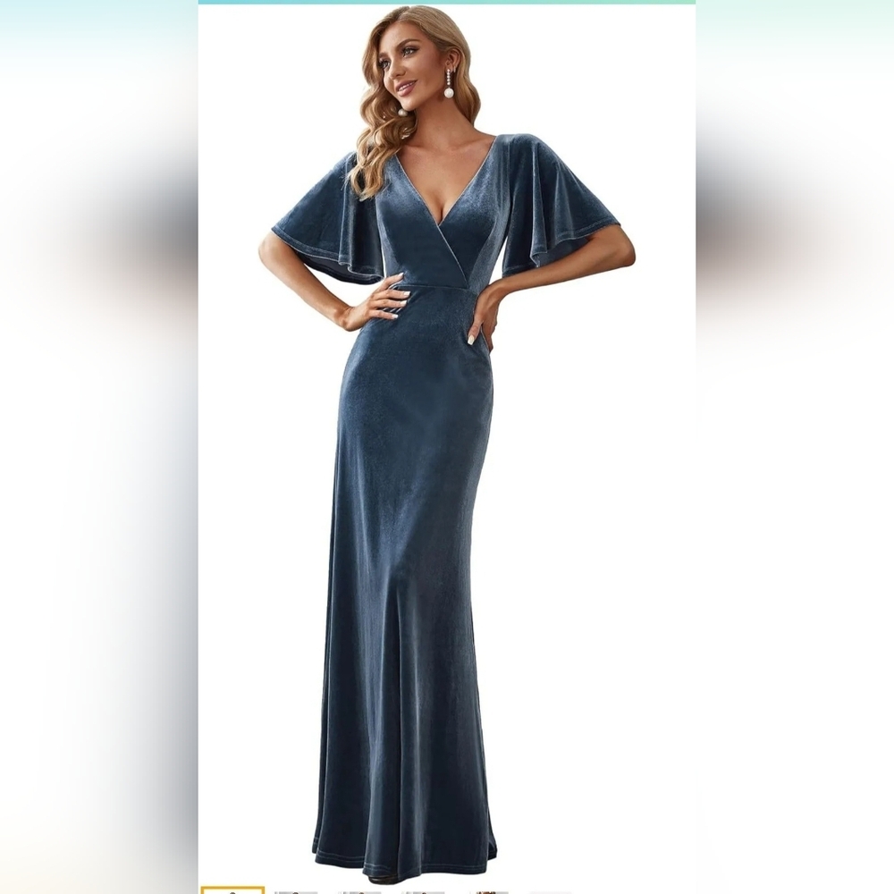 Elegant Slate Blue Velvet V-Neck Evening Gown